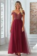 Burgundy Off The Shoulder Mother of the Bride Dress