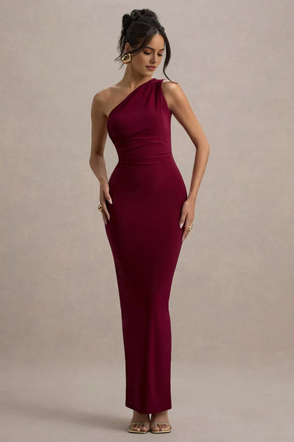 Elegant Burgundy A-Line One-Shoulder Classic-Sleeve Classic-Back Floor-Length Prom Dress