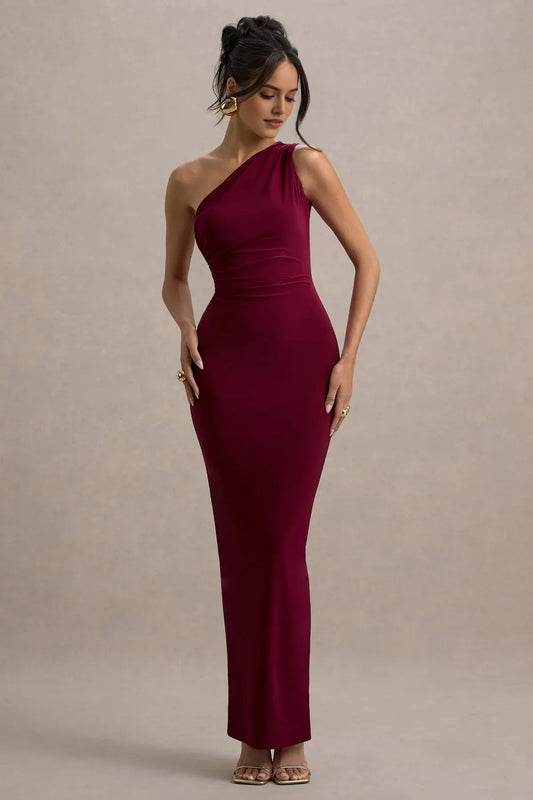 Elegant Burgundy A-Line One-Shoulder Classic-Sleeve Classic-Back Floor-Length Prom Dress