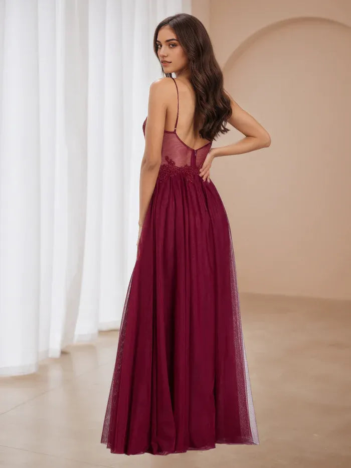 Burgundy Prom Dress Spaghetti Straps Sheer Bodice Skirt for Enchanting Events