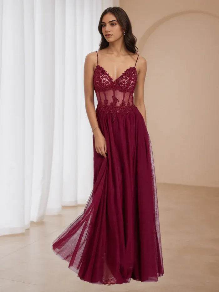 Burgundy Prom Dress Spaghetti Straps Sheer Bodice Skirt for Enchanting Events