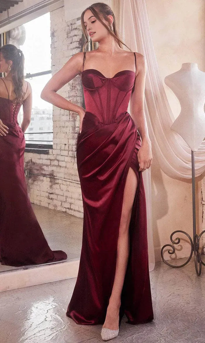 Burgundy SatinEvening Dresses with Corset Bodice Draped Skirt and High Side Slit A Luxurious Choice for Formal Galas Black Tie Weddings and Red Carpet Events