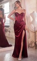 Burgundy SatinEvening Dresses with Corset Bodice Draped Skirt and High Side Slit A Luxurious Choice for Formal Galas Black Tie Weddings and Red Carpet Events
