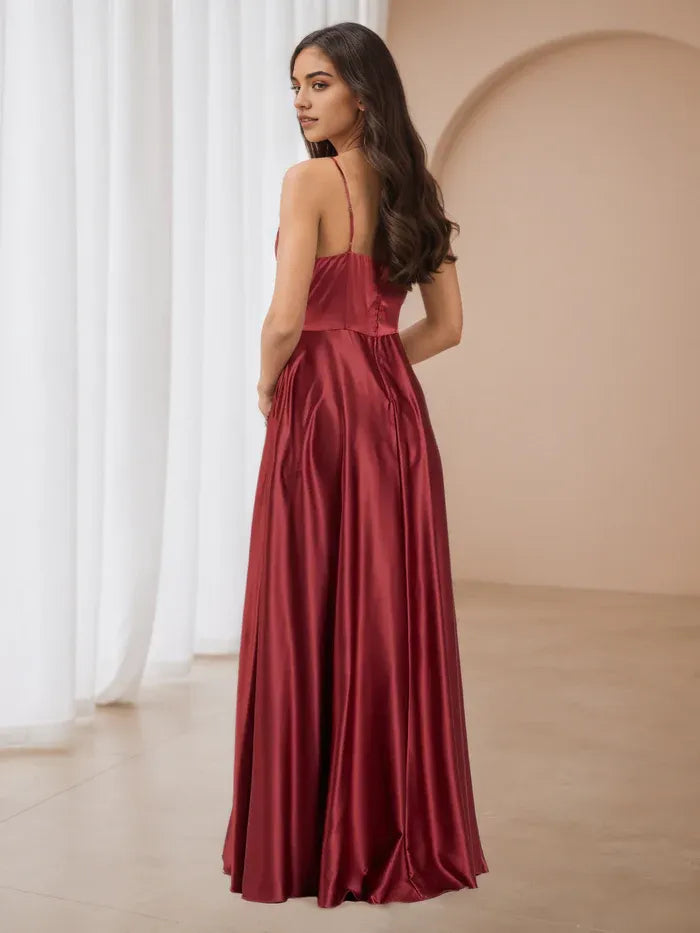 Burgundy Prom Gown Spaghetti Straps Cowl Neckline Side Slit