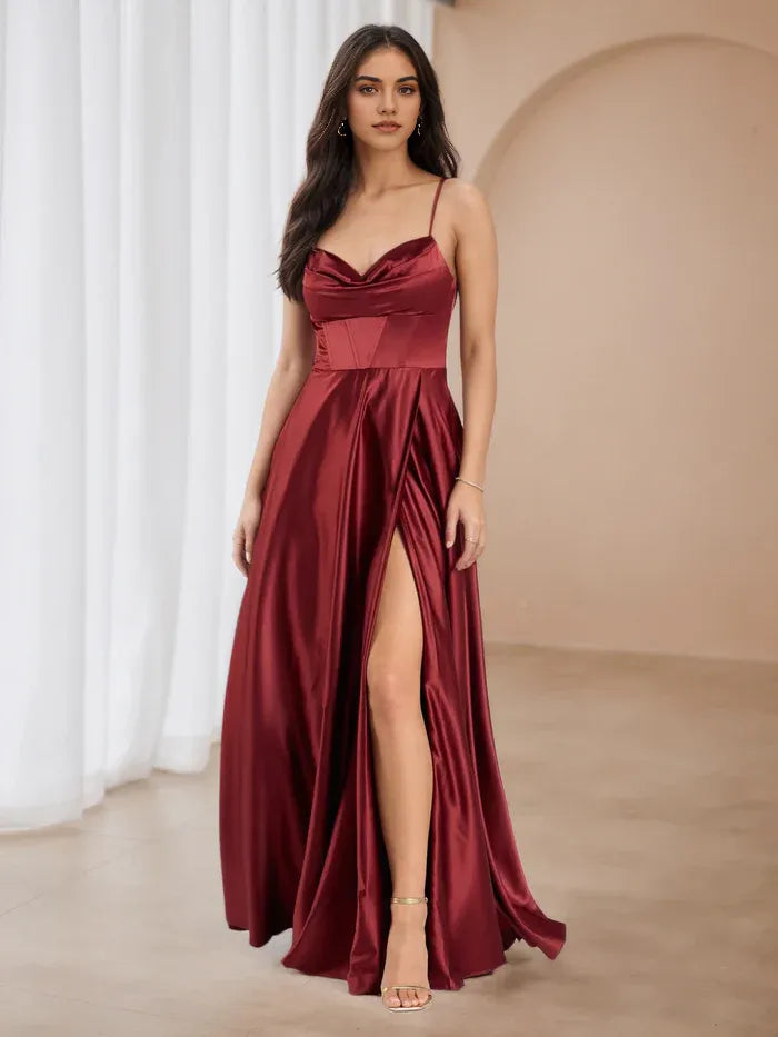 Burgundy Prom Gown Spaghetti Straps Cowl Neckline Side Slit