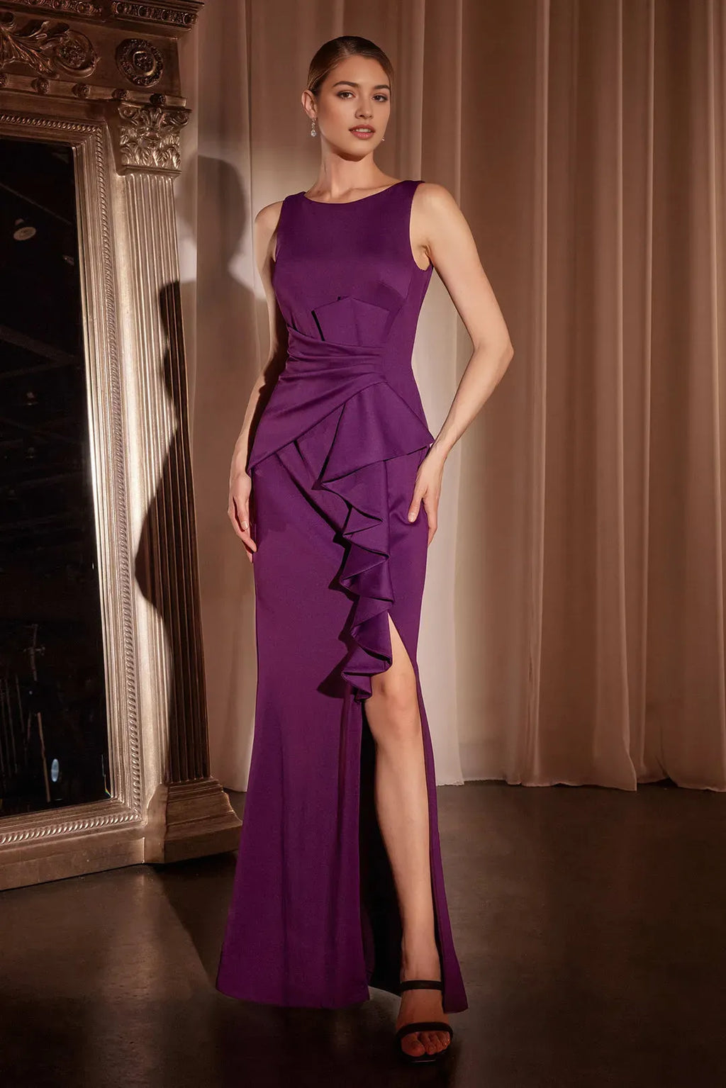 Burgundy Prom Gown with Asymmetric Ruffles and High Side Slit A Timeless Statement for Formal Affairs