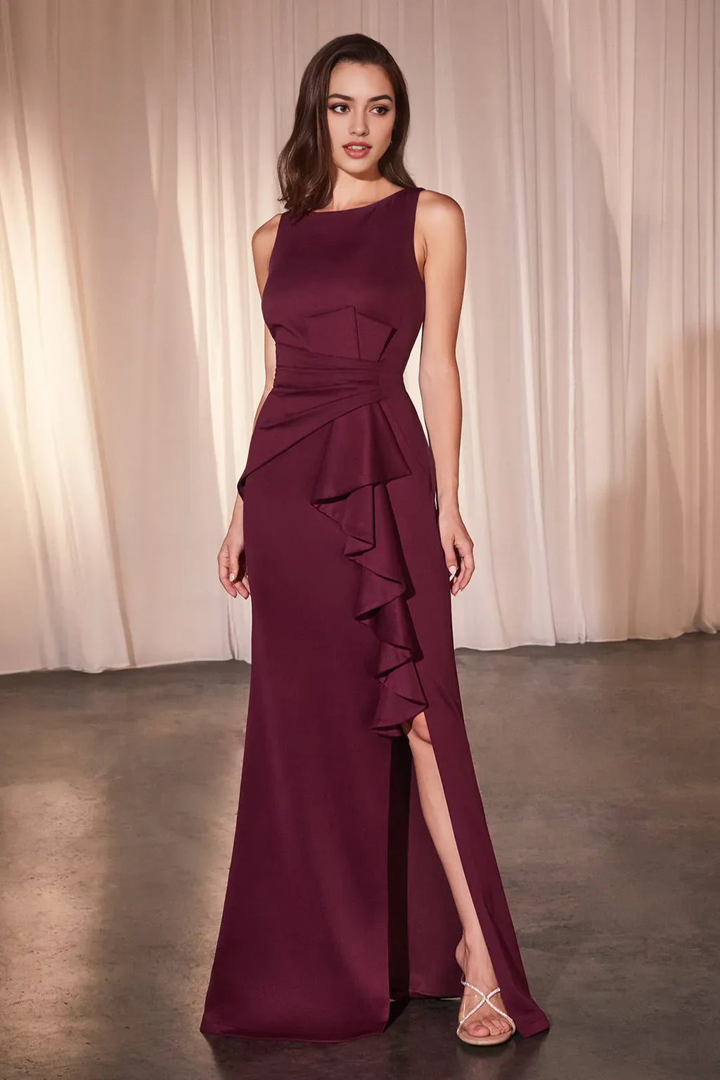 Burgundy Prom Gown with Asymmetric Ruffles and High Side Slit A Timeless Statement for Formal Affairs