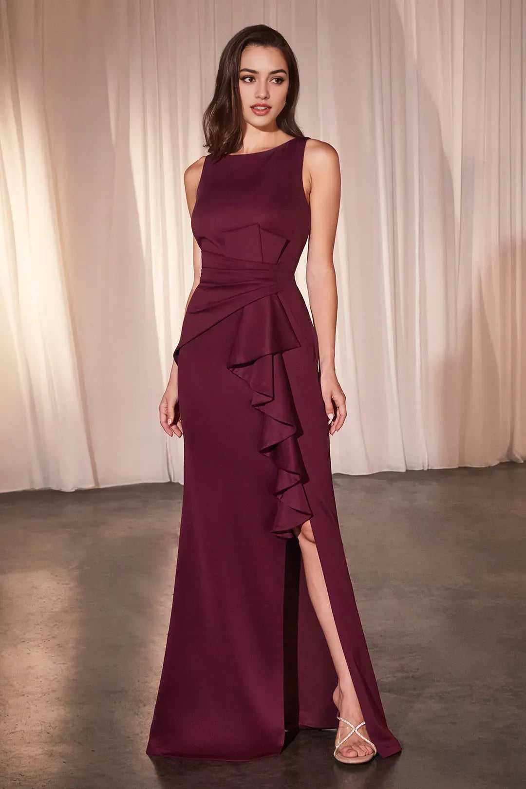 Burgundy Prom Gown with Asymmetric Ruffles and High Side Slit A Timeless Statement for Formal Affairs