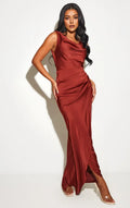 Burgundy Sheath Cowl Neck Sleeveless Draped High-Slit Ankle-Length Prom Dresses