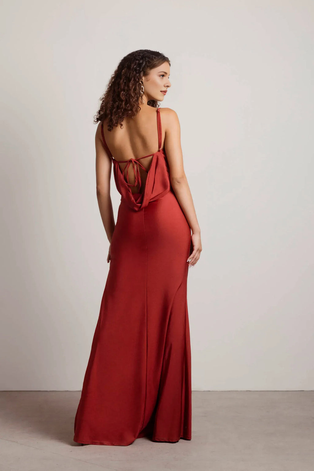 Burgundy Sheath Cowl Neck Sleeveless Open Back Lace-Up-Back High-Slit Ankle-Length Prom Dresses