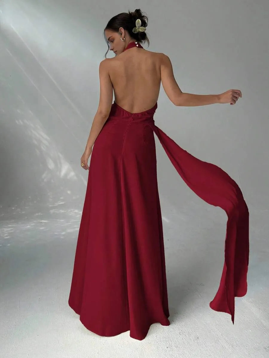 Burgundy Sheath Halter Neck Sleeveless Open-Back Floor-Length Slit Drape-Detail Prom Dress