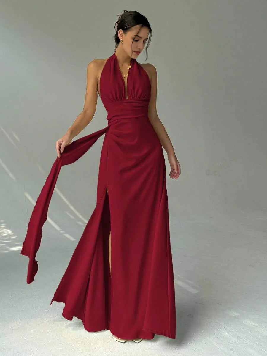 Burgundy Sheath Halter Neck Sleeveless Open-Back Floor-Length Slit Drape-Detail Prom Dress