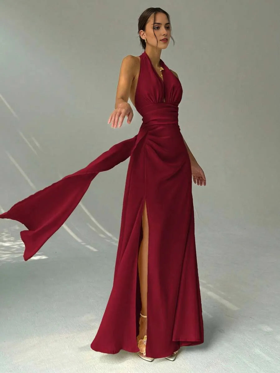 Burgundy Sheath Halter Neck Sleeveless Open-Back Floor-Length Slit Drape-Detail Prom Dress
