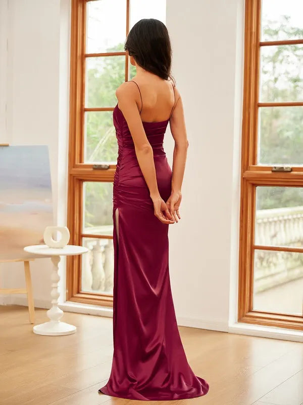 Burgundy Sheath Square Neck Spaghetti Strap Back Zip Floor-Length Ruched Prom Dresses with High Slit