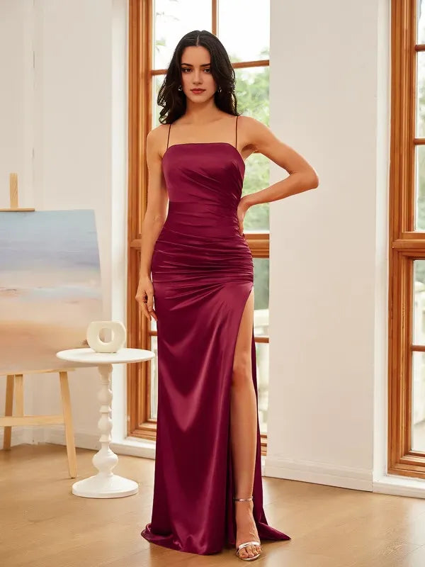 Burgundy Sheath Square Neck Spaghetti Strap Back Zip Floor-Length Ruched Prom Dresses with High Slit
