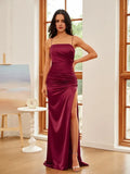 Burgundy Sheath Square Neck Spaghetti Strap Back Zip Floor-Length Ruched Prom Dresses with High Slit