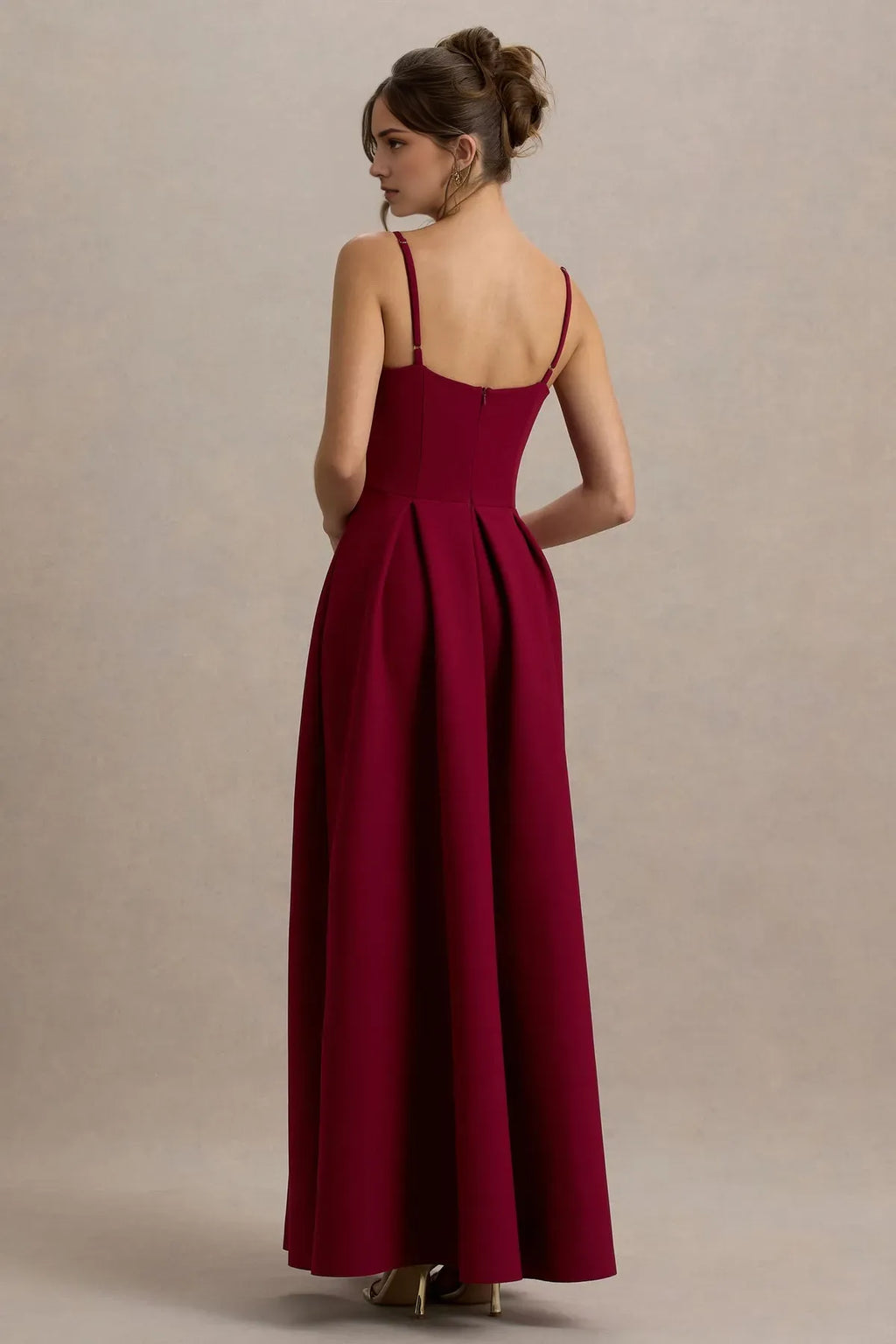 Burgundy Square Neck Ball Gown with Pleated Skirt for Prom Dresses