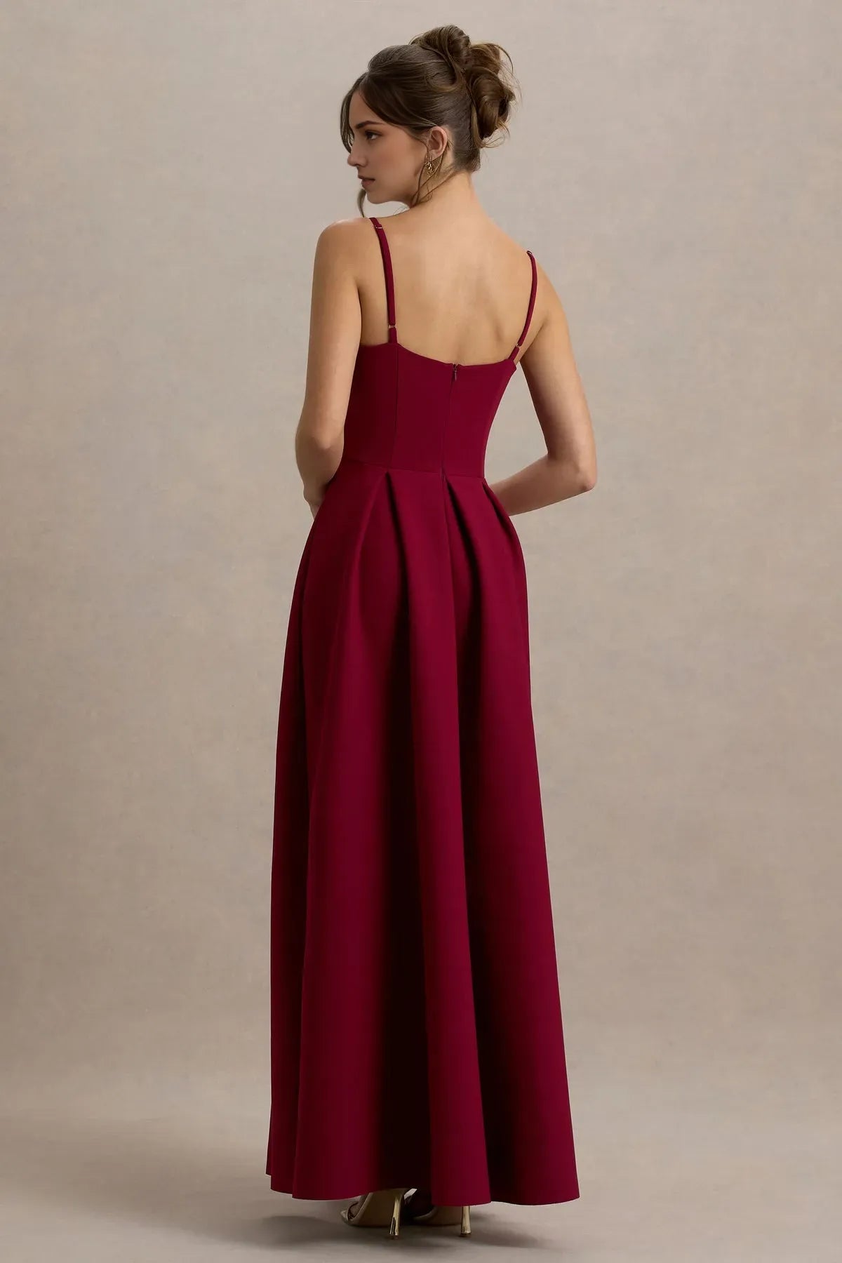 Burgundy Square Neck Ball Gown with Pleated Skirt for Prom Dresses