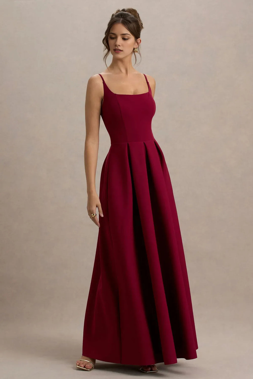 Burgundy Square Neck Ball Gown with Pleated Skirt for Prom Dresses