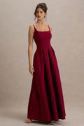 Burgundy Square Neck Ball Gown with Pleated Skirt for Prom Dresses