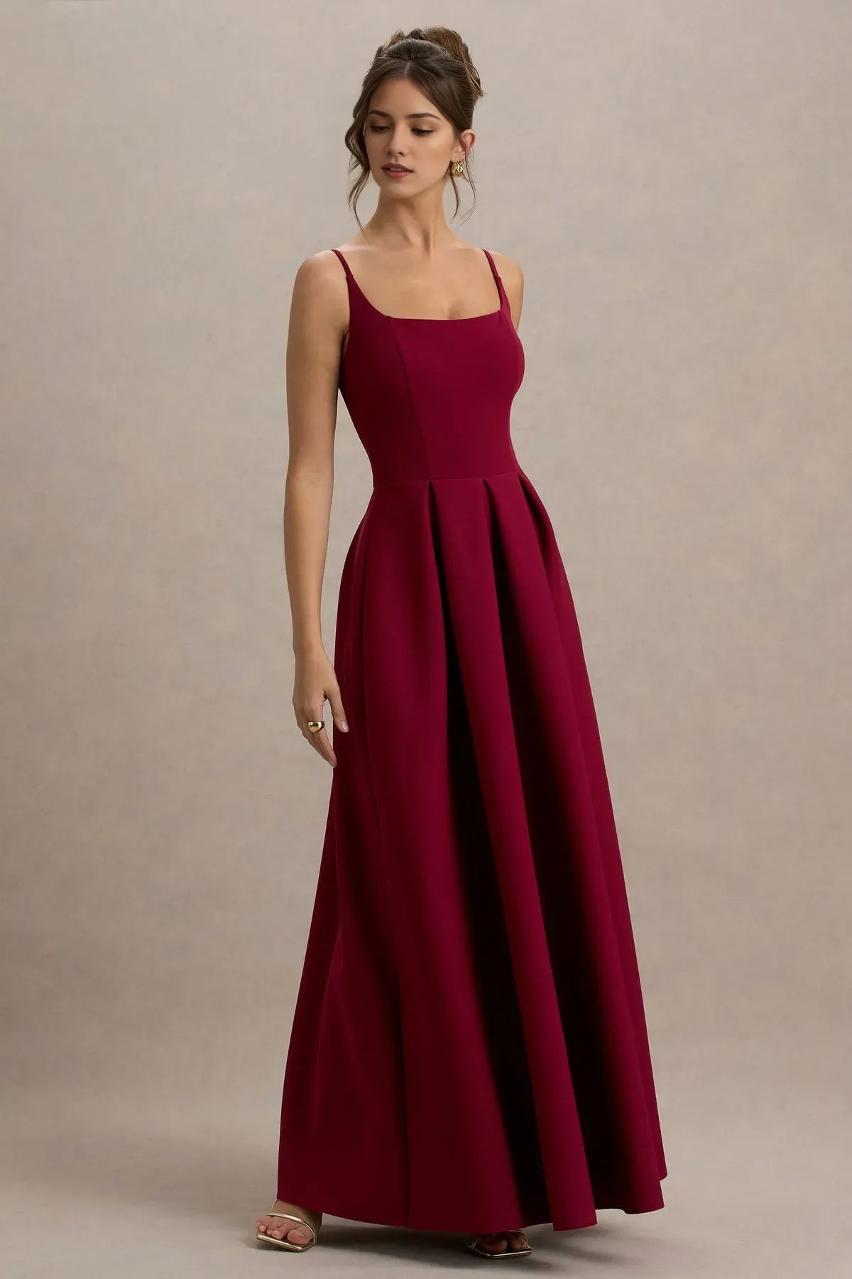 Burgundy Square Neck Ball Gown with Pleated Skirt for Prom Dresses