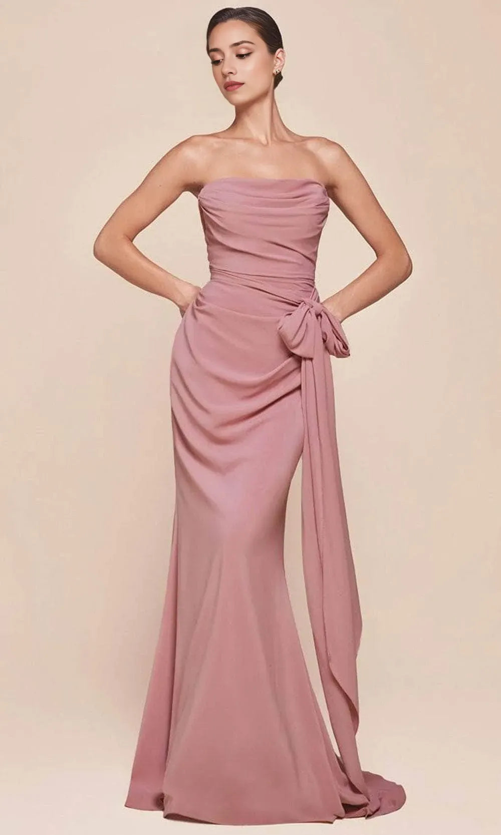 Burgundy Strapless Draped Evening Gown with Asymmetric Sleeves Perfect for Proms & Formal Balls