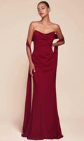 Burgundy Strapless Draped Evening Gown with Asymmetric Sleeves Perfect for Proms & Formal Balls