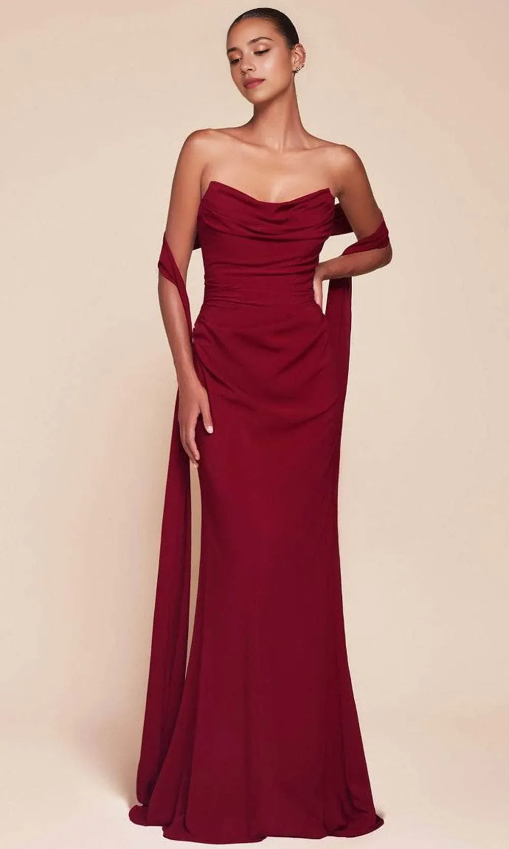 Burgundy Strapless Draped Evening Gown with Asymmetric Sleeves Perfect for Proms & Formal Balls