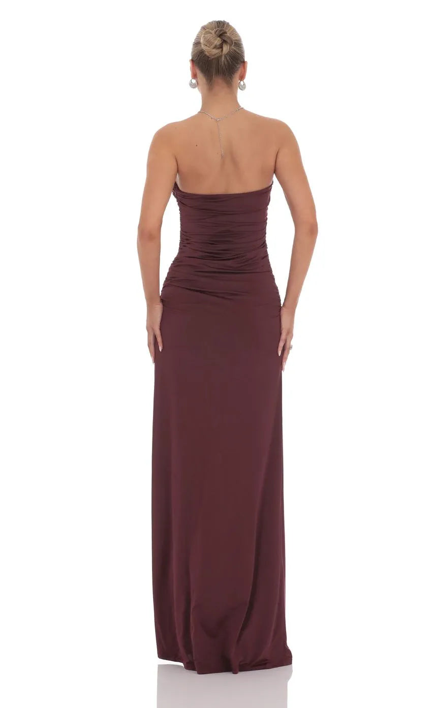 Burgundy Strapless Prom Dress Ruched Bodice Keyhole Neckline Floor Length Silhouette Shine at Prom Night