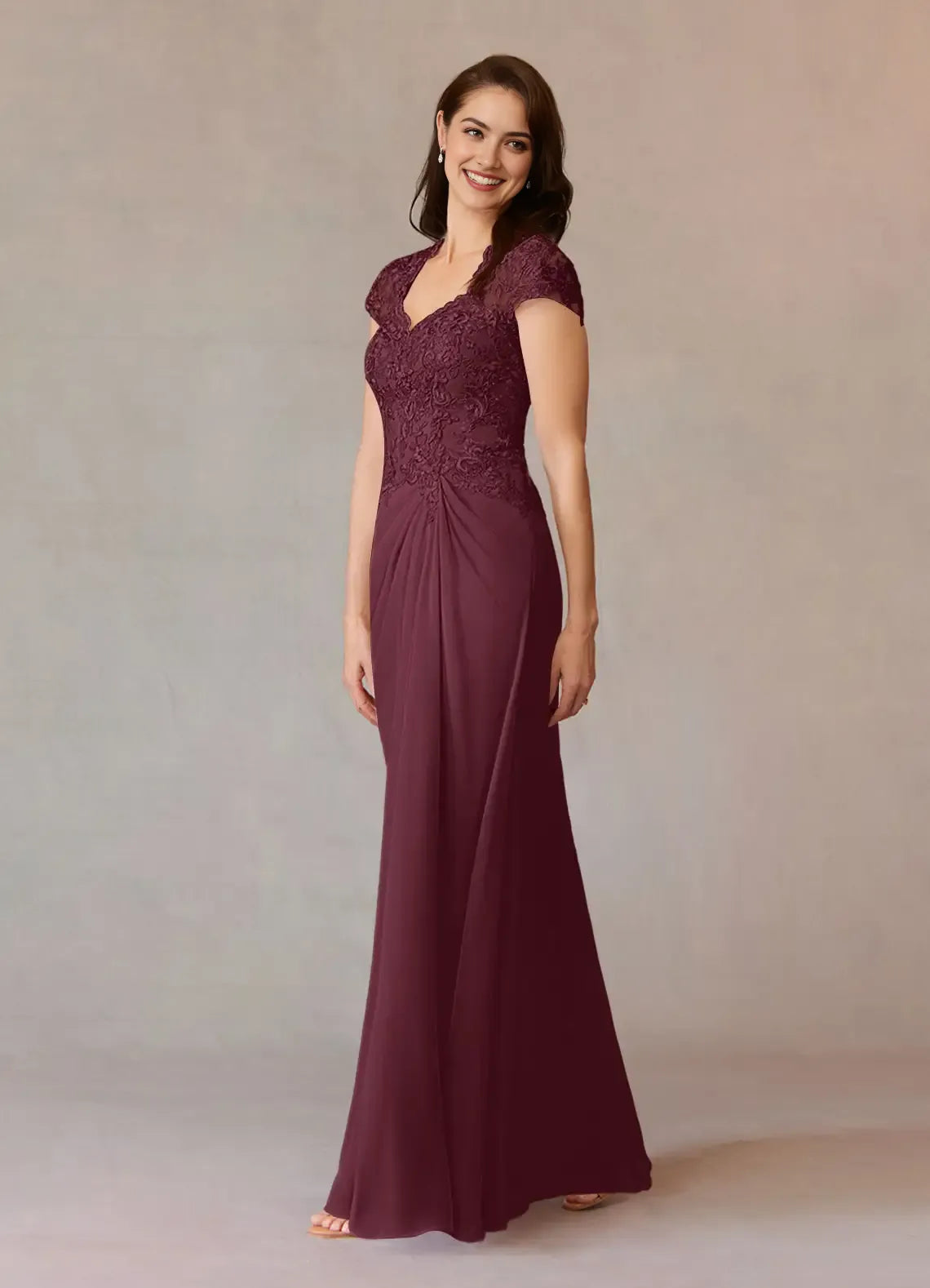 Cabernet A-Line Mother of the Bride Dress V - Neck Sheer Cap Sleeves Bodice Draped Ruched Detailing