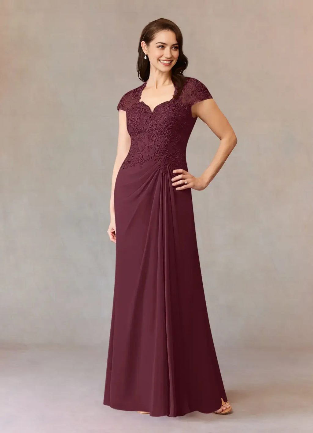 Cabernet A-Line Mother of the Bride Dress V - Neck Sheer Cap Sleeves Bodice Draped Ruched Detailing