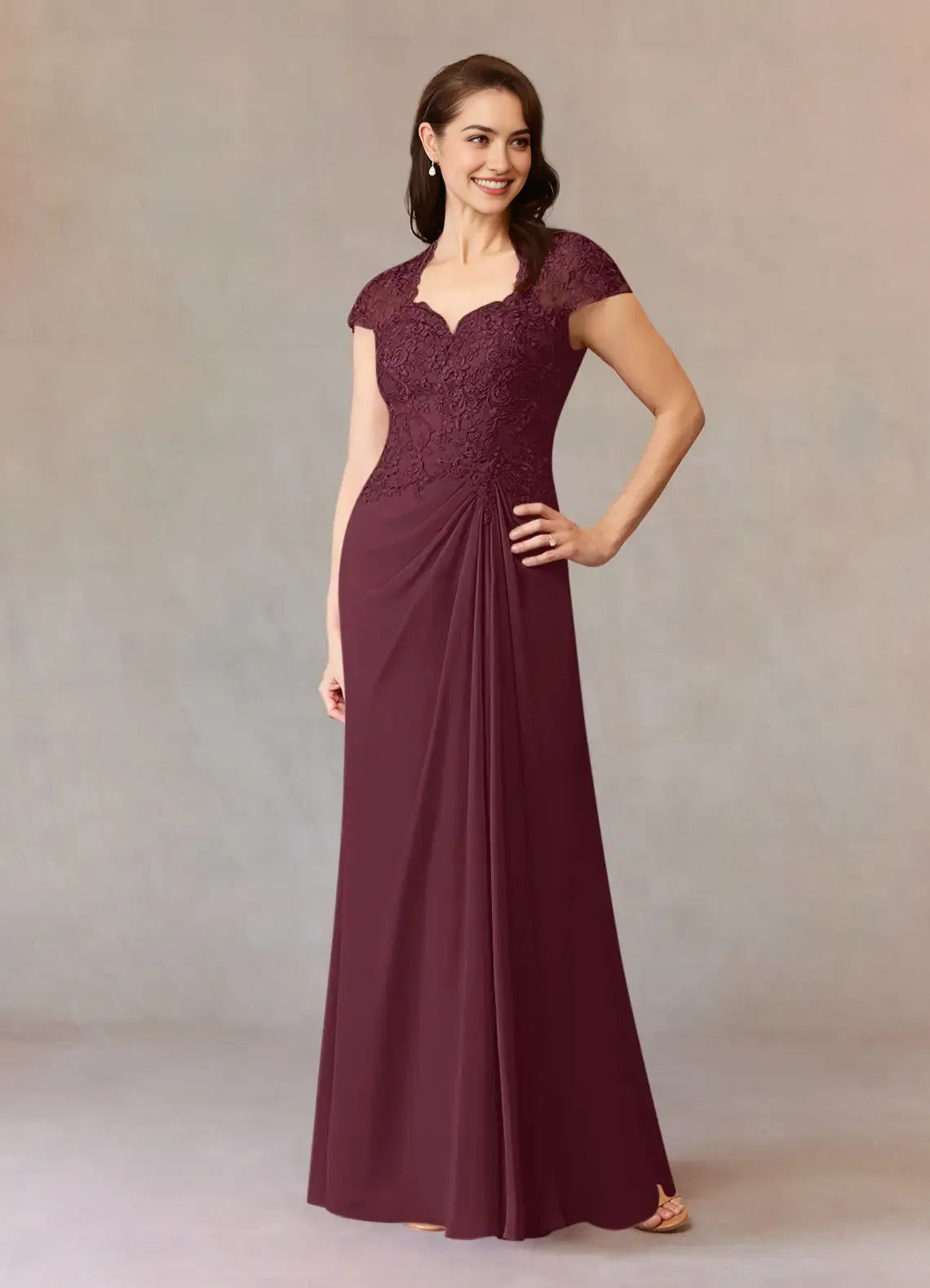 Cabernet A-Line Mother of the Bride Dress V - Neck Sheer Cap Sleeves Bodice Draped Ruched Detailing