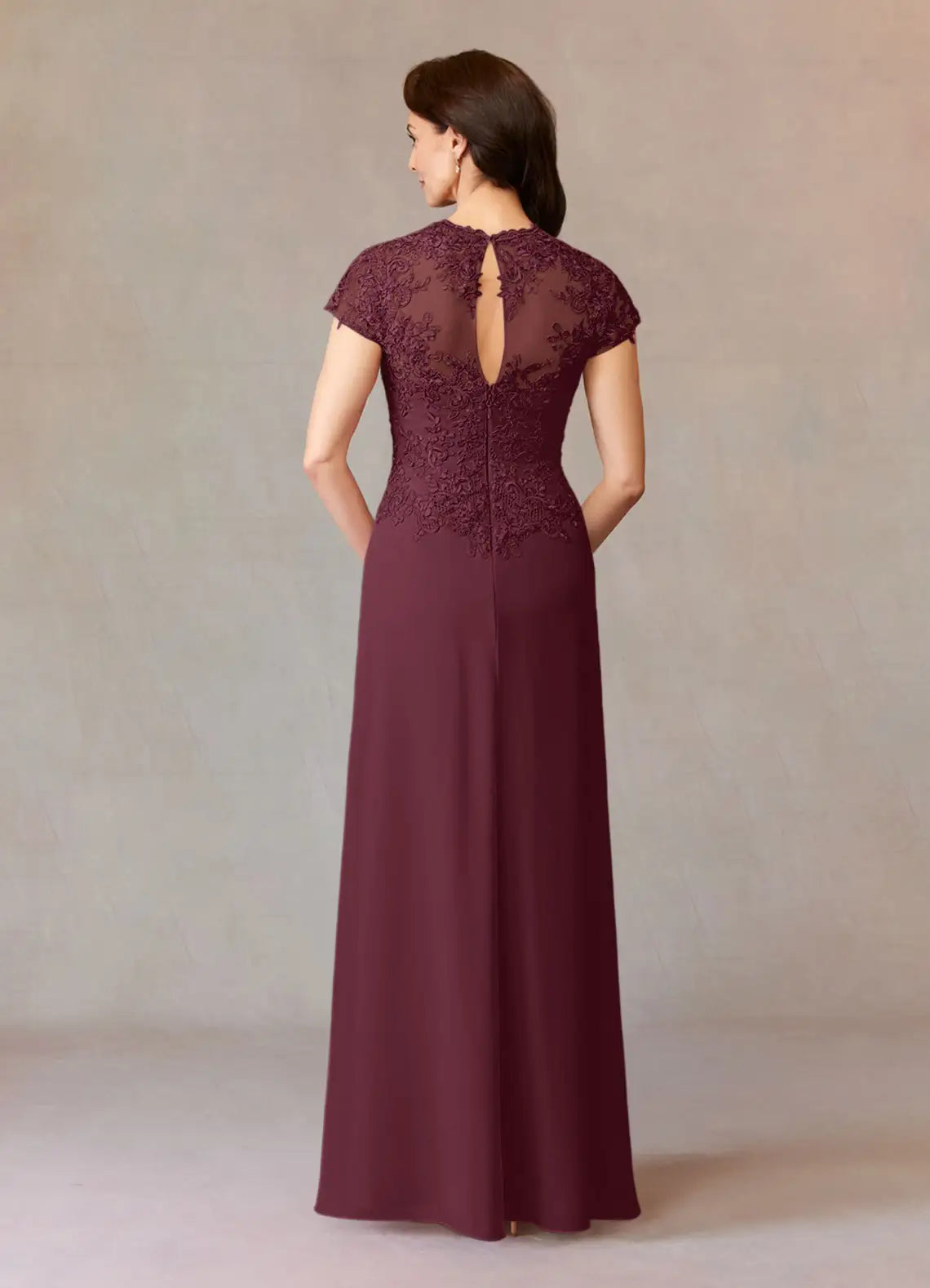 Cabernet A-Line Mother of the Bride Dress V - Neck Sheer Cap Sleeves Bodice Draped Ruched Detailing