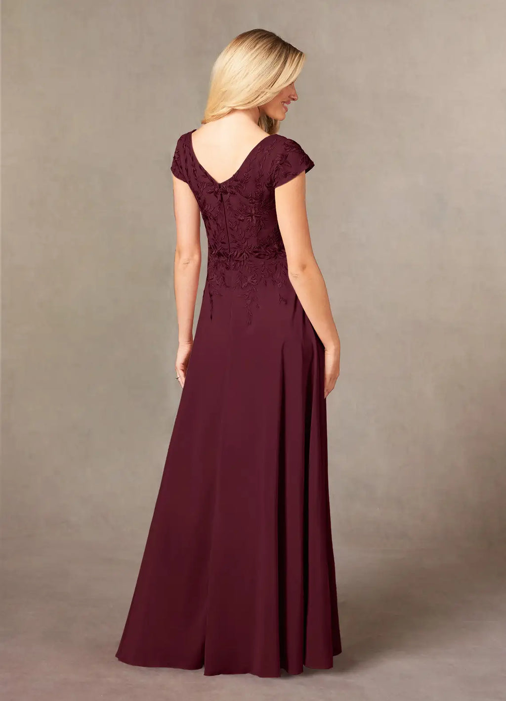 Cabernet A-Line Mother of the Bride Dress with V - Neckline Bodice Cap Sleeves