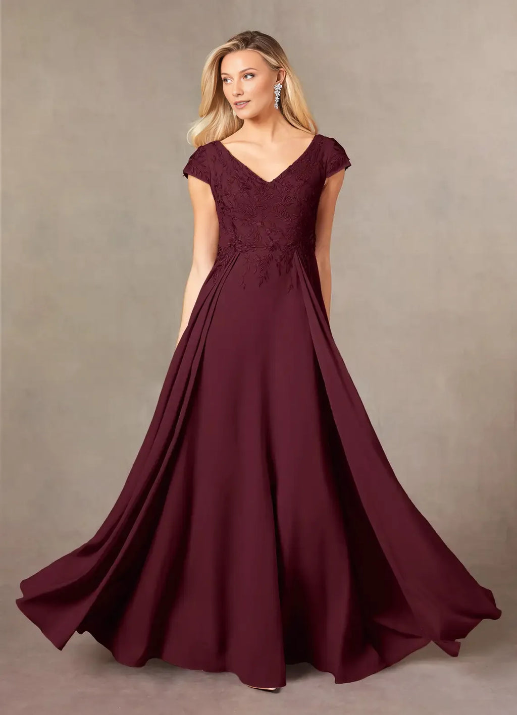 Cabernet A-Line Mother of the Bride Dress with V - Neckline Bodice Cap Sleeves