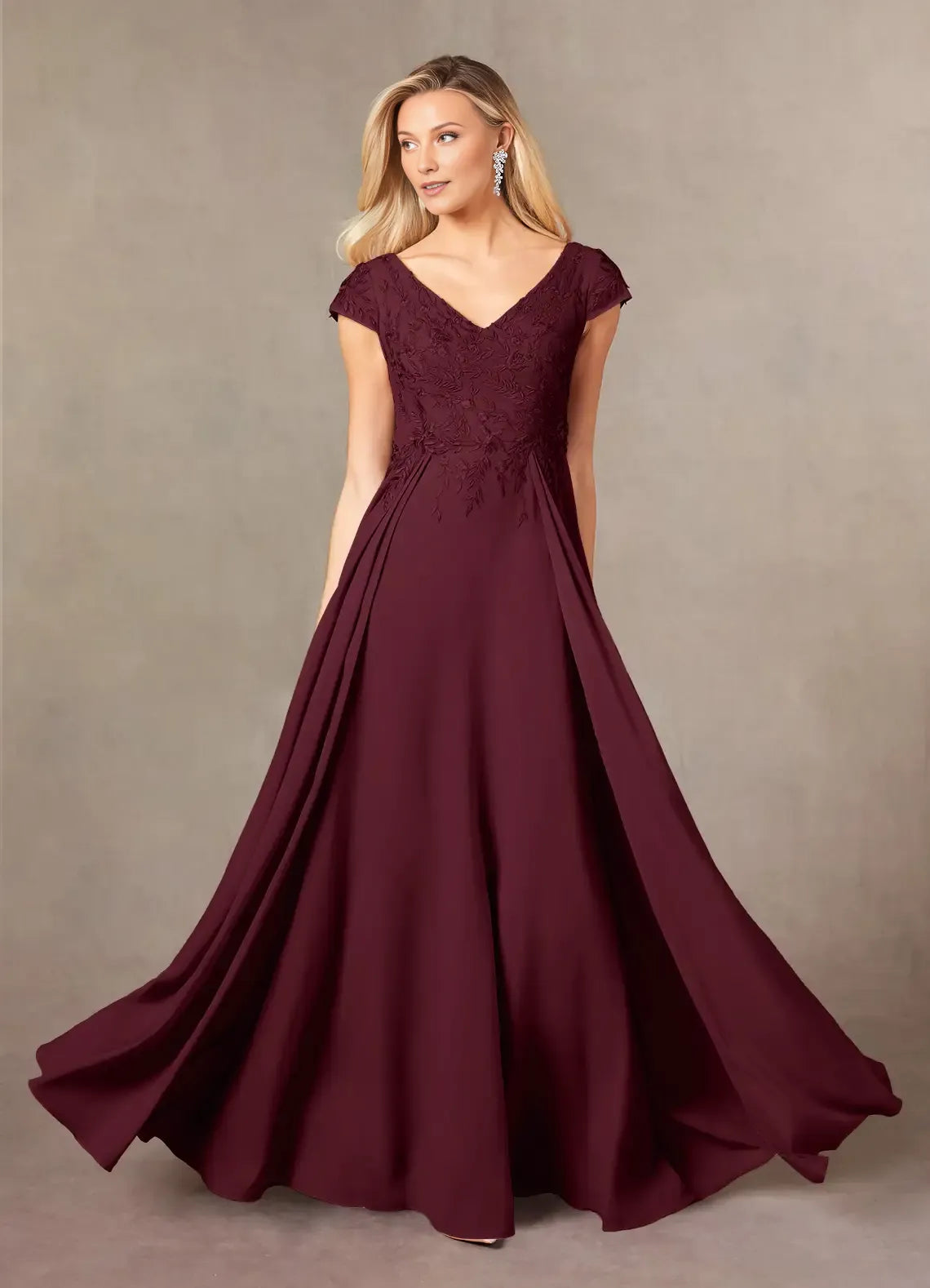 Cabernet A-Line Mother of the Bride Dress with V - Neckline Bodice Cap Sleeves