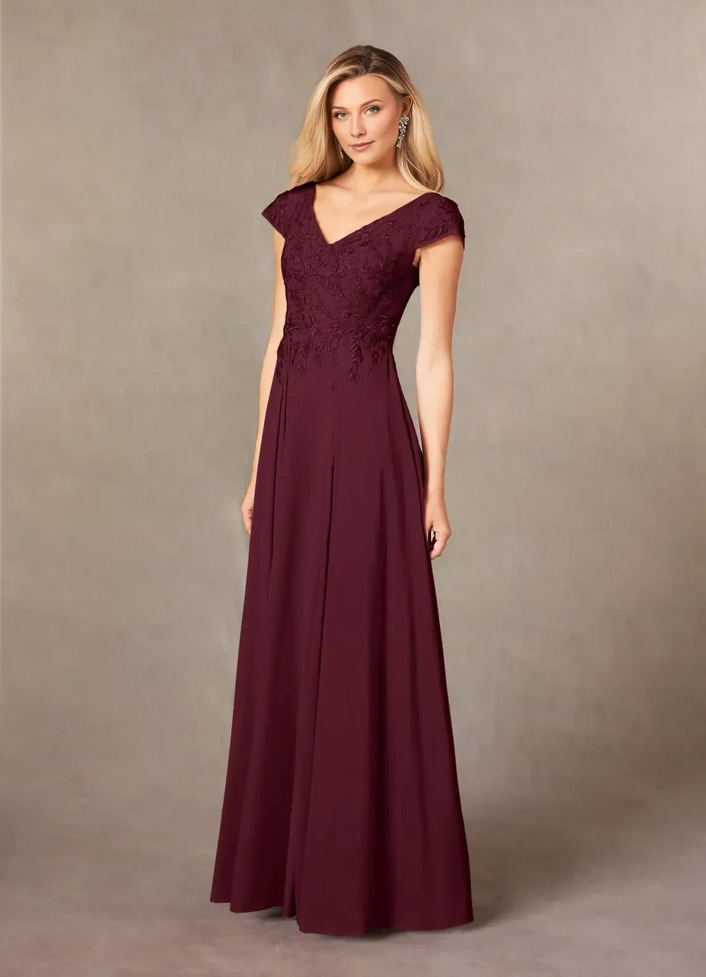 Cabernet A-Line Mother of the Bride Dress with V - Neckline Bodice Cap Sleeves