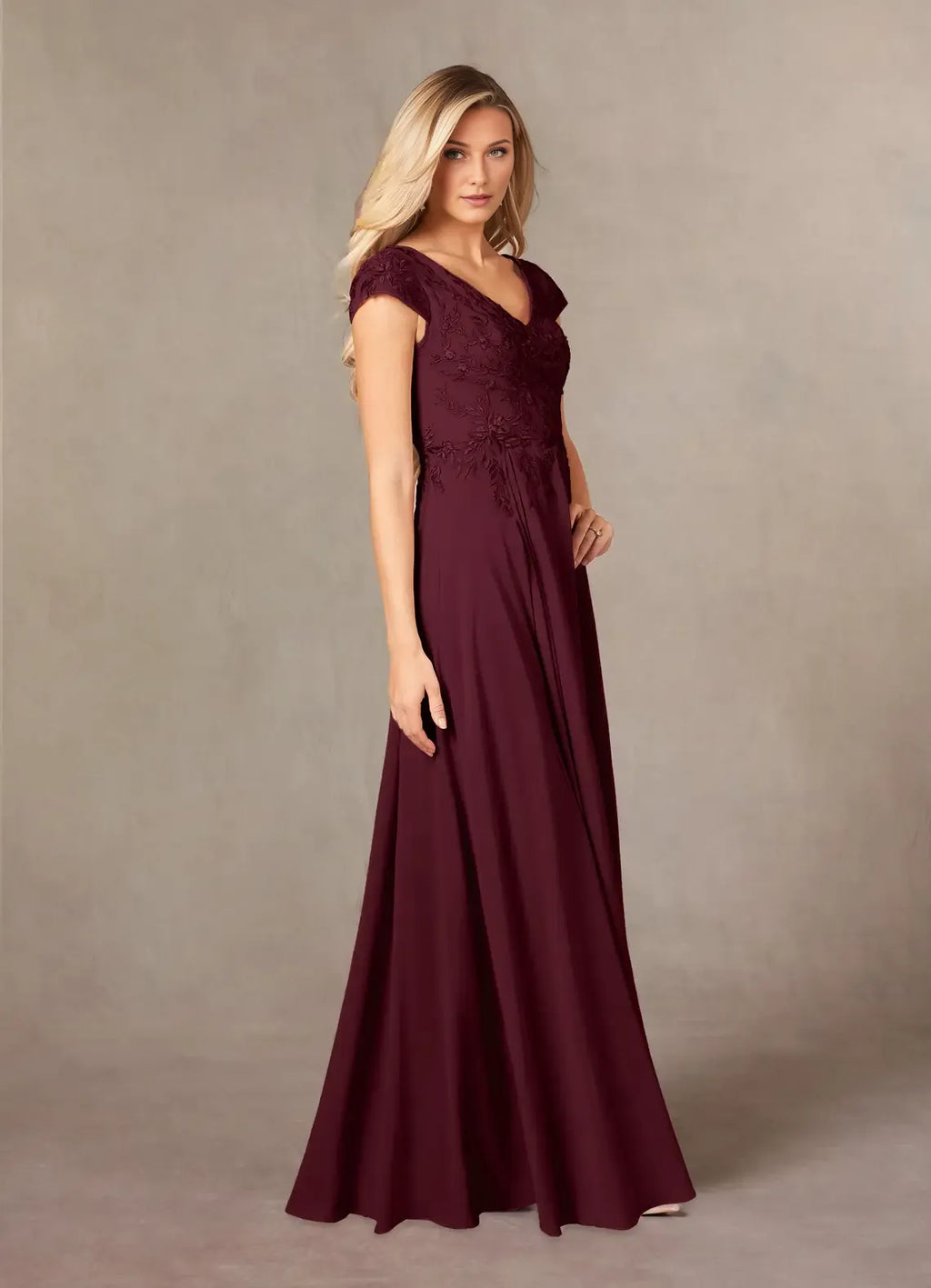 Cabernet A-Line Mother of the Bride Dress with V - Neckline Bodice Cap Sleeves