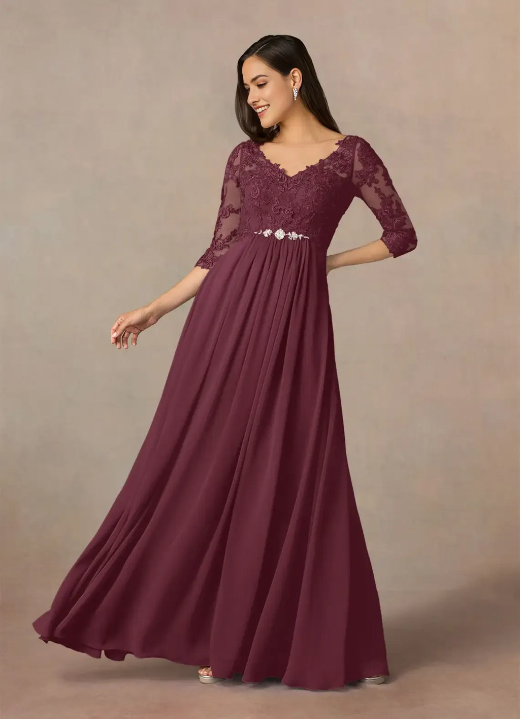 Cabernet A-Line V-Neck Mother of the Bride Dress with Bodice Sleeveless Sheer Top High Slit Ruched Skirt