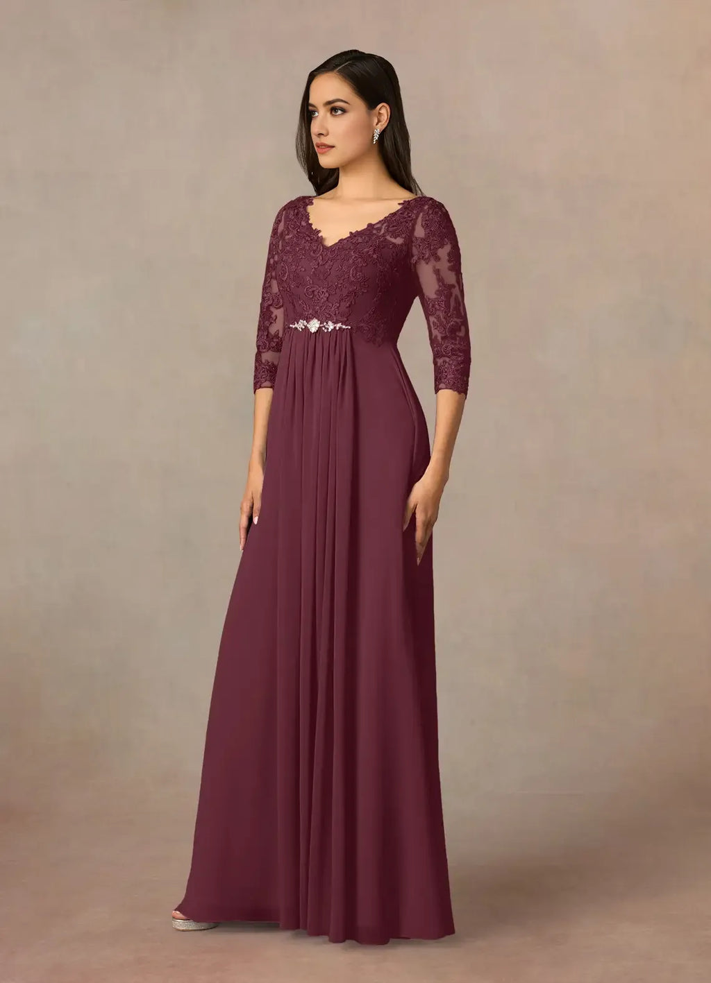 Cabernet A-Line V-Neck Mother of the Bride Dress with Bodice Sleeveless Sheer Top High Slit Ruched Skirt