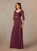 Cabernet A-Line V-Neck Mother of the Bride Dress with Bodice Sleeveless Sheer Top High Slit Ruched Skirt