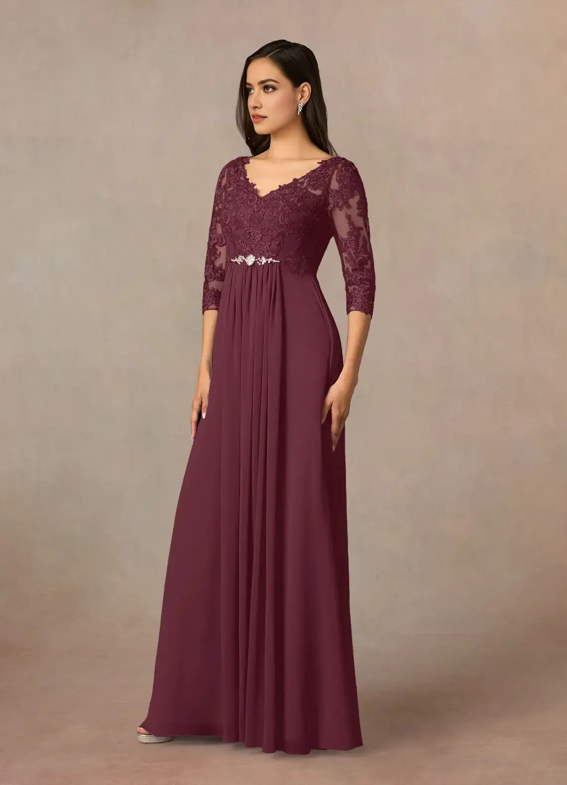 Cabernet A-Line V-Neck Mother of the Bride Dress with Bodice Sleeveless Sheer Top High Slit Ruched Skirt
