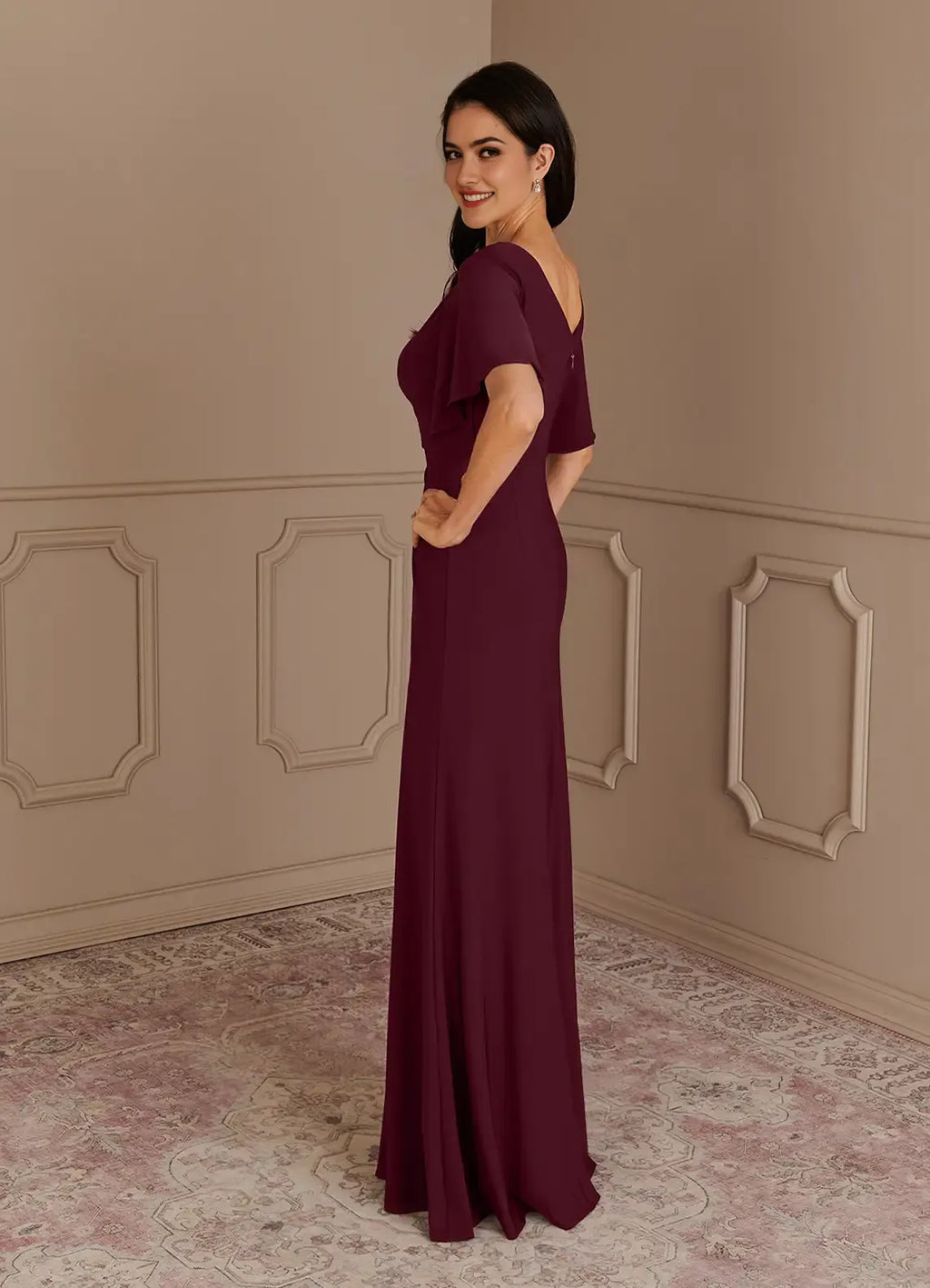 Cabernet Mermaid Boatneck Pleated Luxe Knit Mother of the Bride Dress Boat Neckline Flutter Sleeves Ruched Bodice