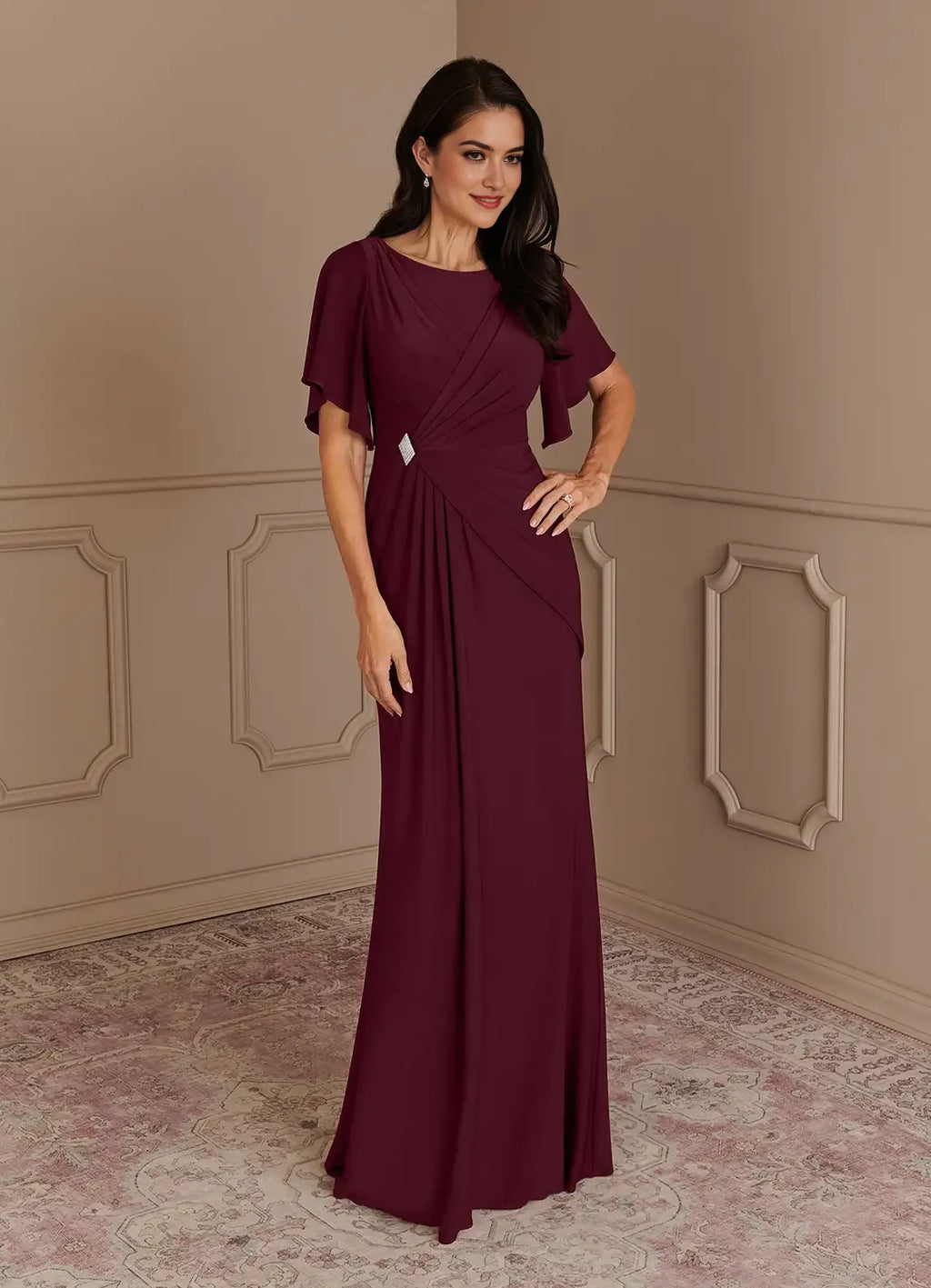 Cabernet Mermaid Boatneck Pleated Luxe Knit Mother of the Bride Dress Boat Neckline Flutter Sleeves Ruched Bodice