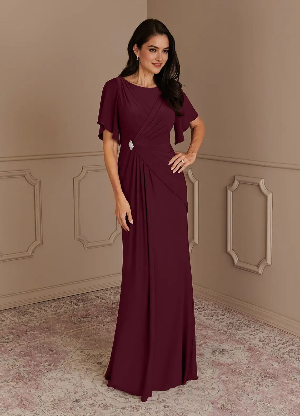Cabernet Mermaid Boatneck Pleated Luxe Knit Mother of the Bride Dress Boat Neckline Flutter Sleeves Ruched Bodice