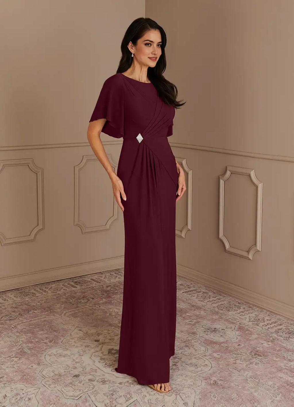 Cabernet Mermaid Boatneck Pleated Luxe Knit Mother of the Bride Dress Boat Neckline Flutter Sleeves Ruched Bodice