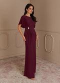 Cabernet Mermaid Boatneck Pleated Luxe Knit Mother of the Bride Dress Boat Neckline Flutter Sleeves Ruched Bodice