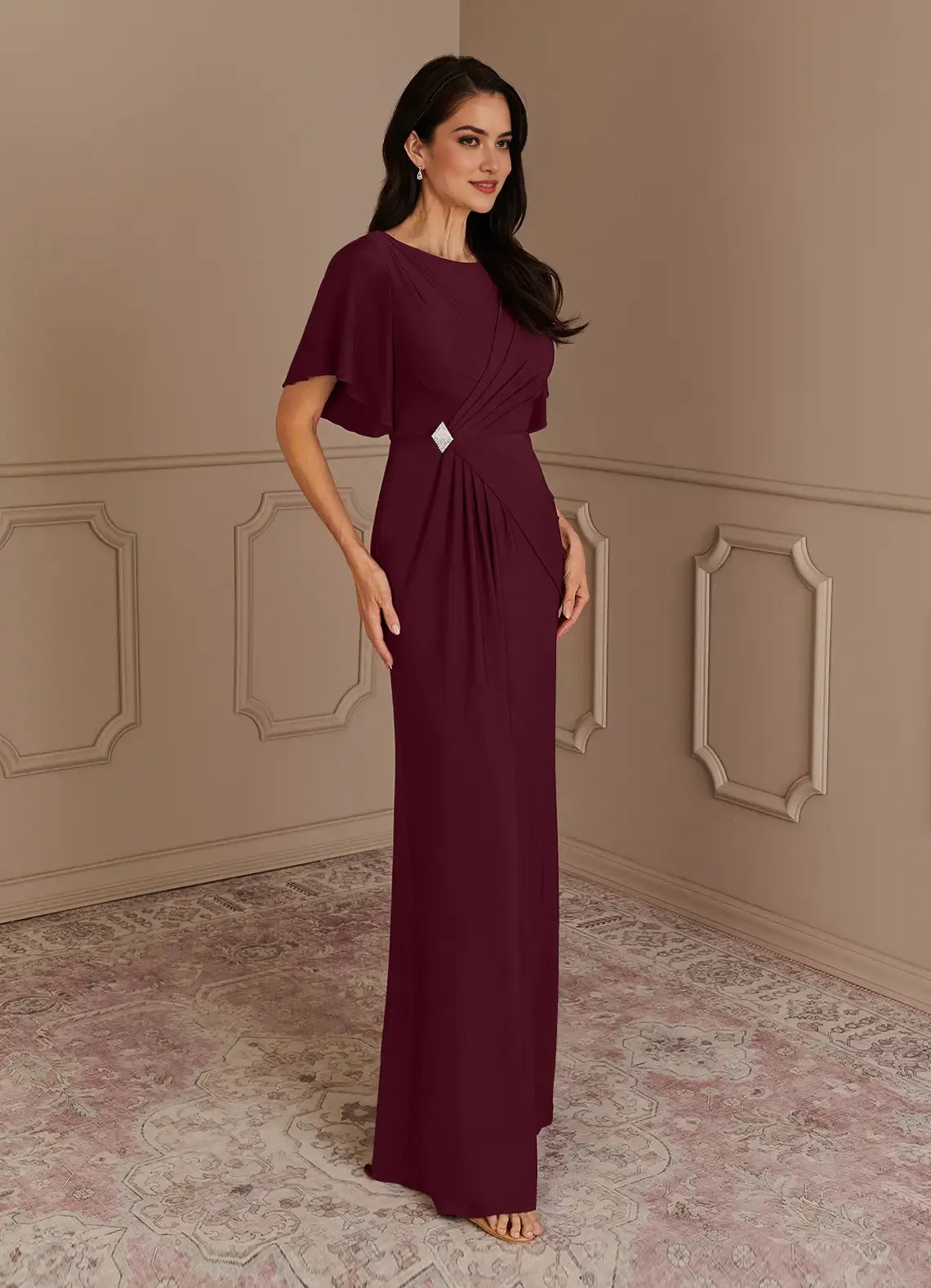 Cabernet Mermaid Boatneck Pleated Luxe Knit Mother of the Bride Dress Boat Neckline Flutter Sleeves Ruched Bodice
