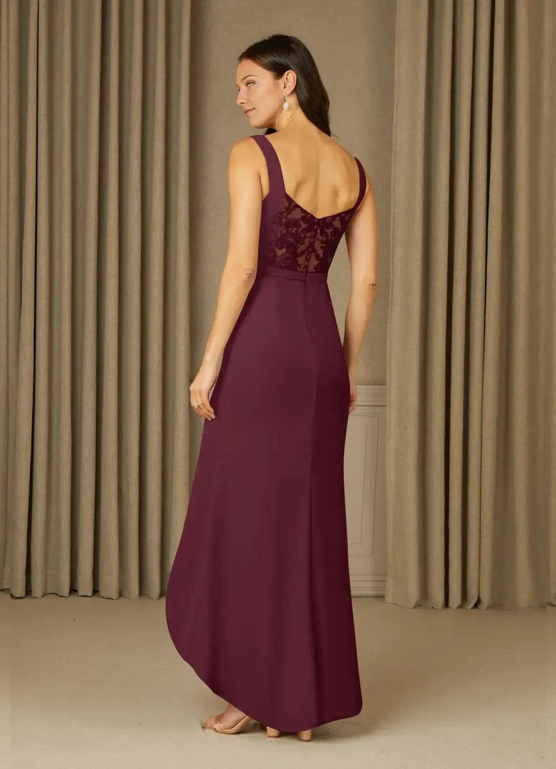 Cabernet Mermaid Mother of the Bride Dress with V - Neckline Sleeveless Design Ruched Bodice Asymmetric High Low Hem and Side Slit
