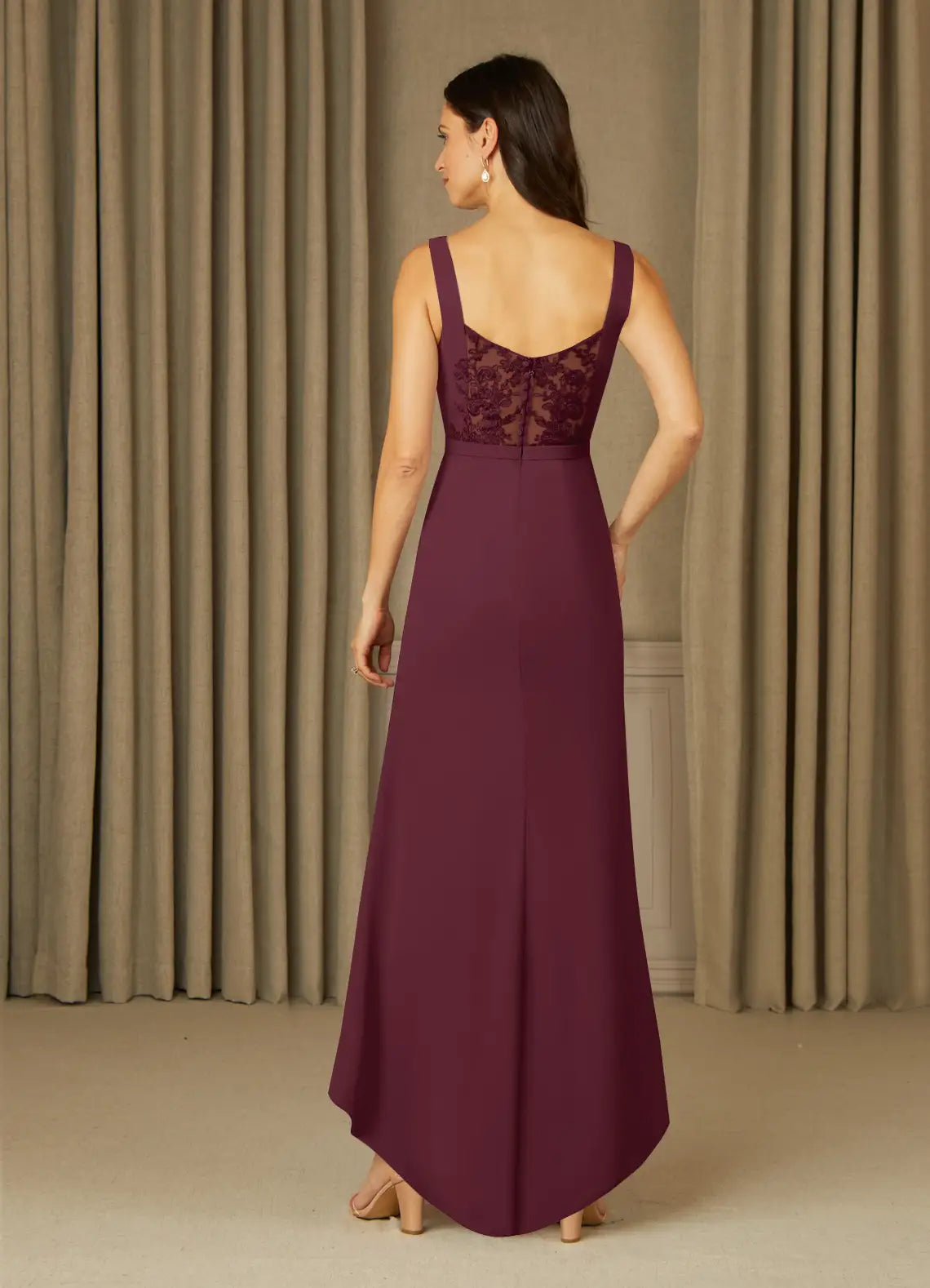 Cabernet Mermaid Mother of the Bride Dress with V - Neckline Sleeveless Design Ruched Bodice Asymmetric High Low Hem and Side Slit
